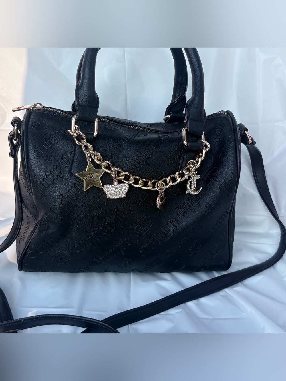 Juicy Couture Black Quilted Logo Satchel with Gold Charm Chain Accent